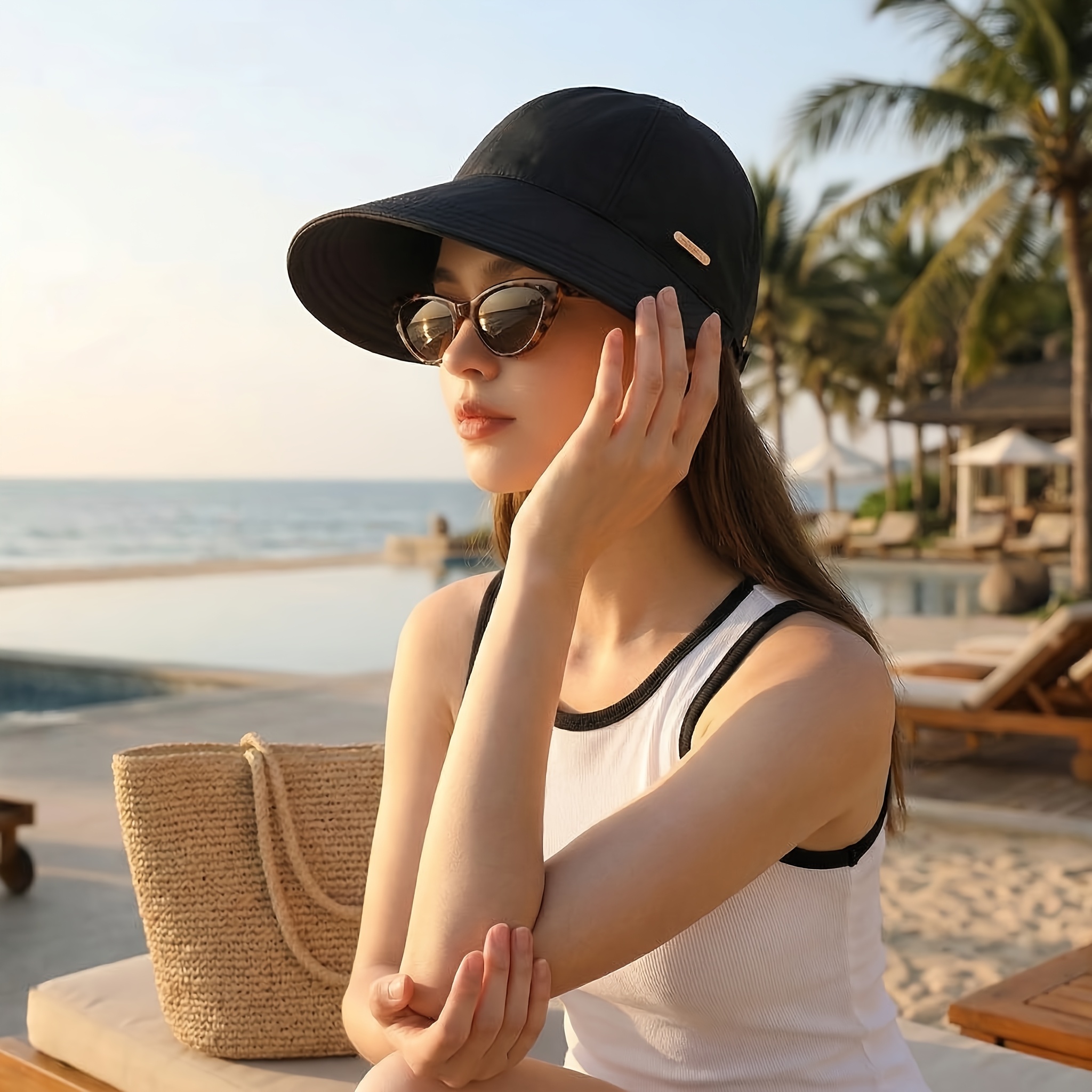 1 Chapeau de soleil à large bord pour femme, réglable et pliable, tissu imperméable à séchage rapide, adapté aux voyages