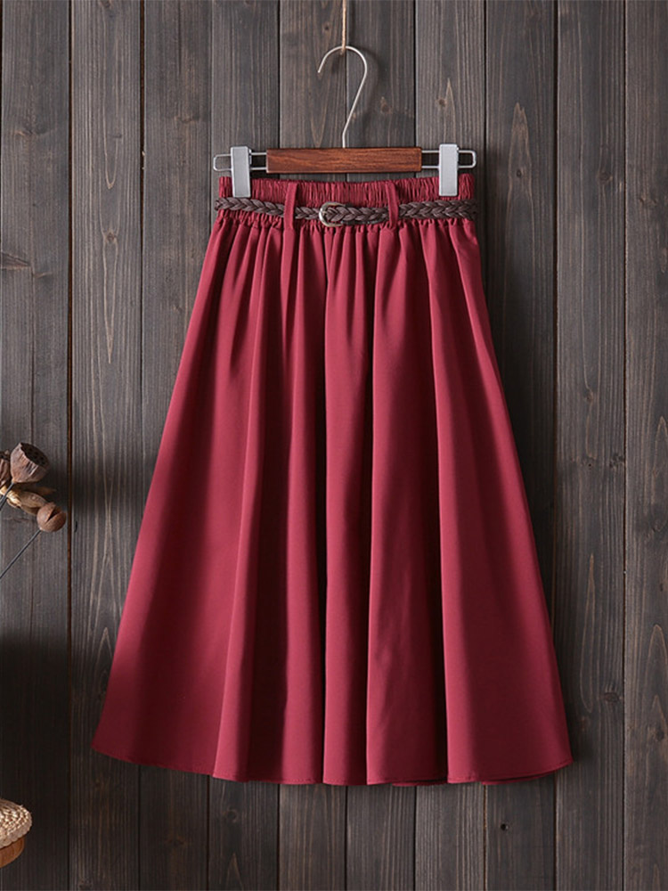 Midi genou longueur jupe d'été femmes avec ceinture mode coréenne dames taille haute plissée a-ligne jupe d'école femme