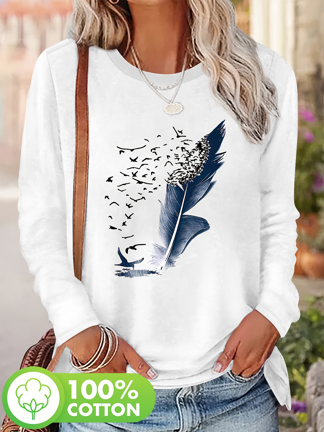 T-Shirt à manches longues en coton pour femmes, haut décontracté feuilles et oiseaux, mode automne-hiver, t-shirts pour dames, vêtements imprimés artistiques