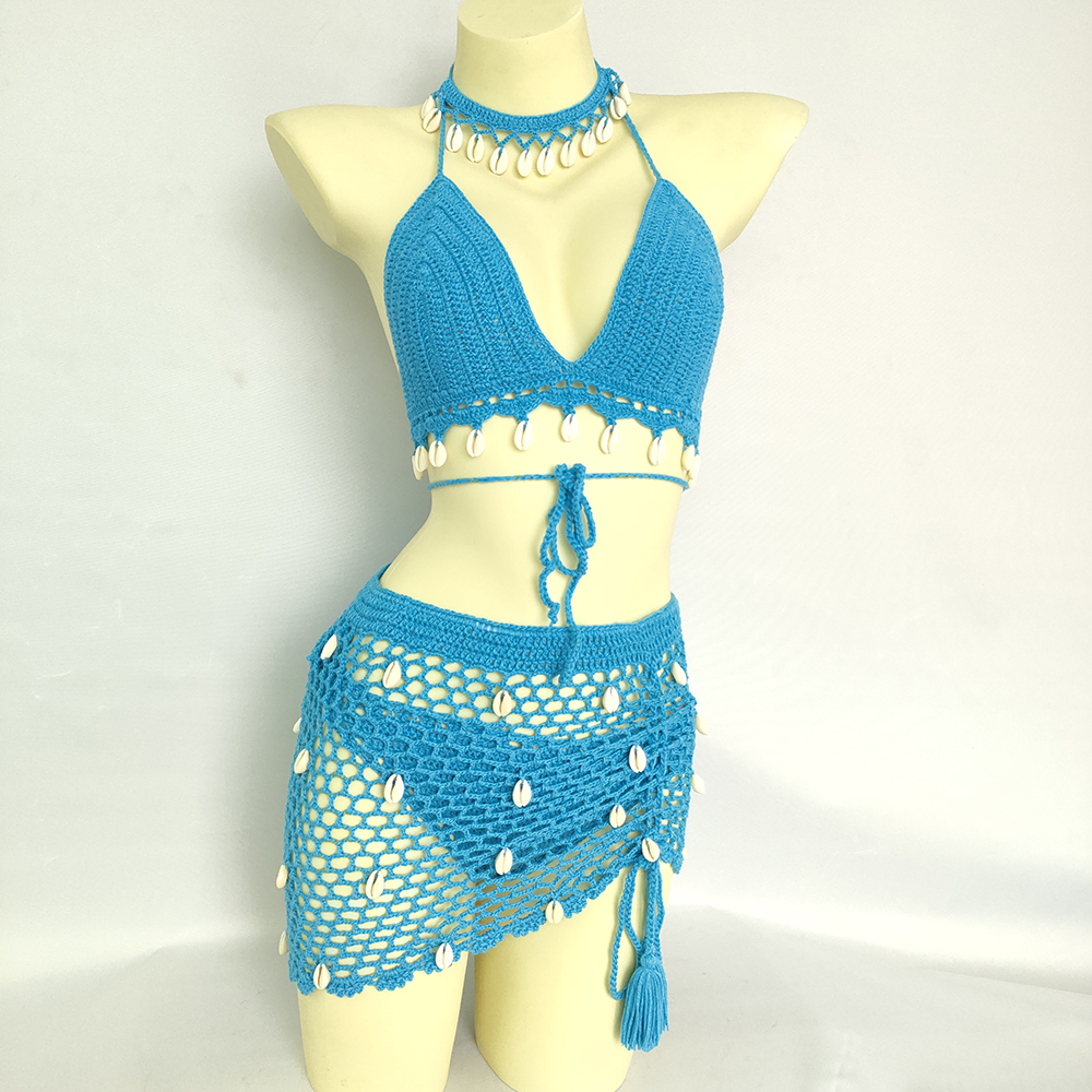 Femmes vêtements de plage maillot de bain cache-maillot Boho été transparent évider pansement taille haute jupe de plage courte jupes en tricot au Crochet