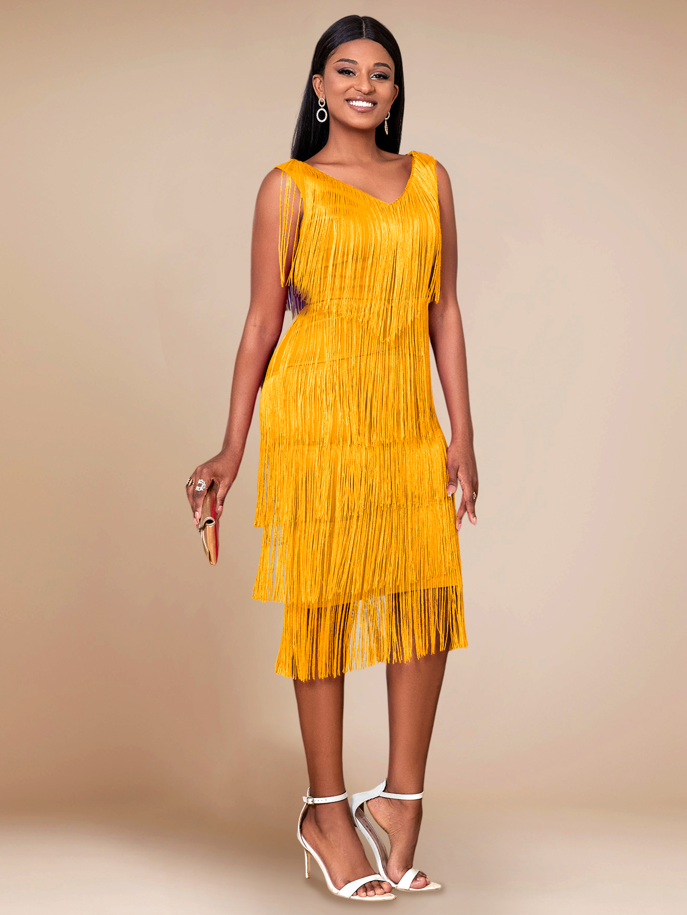 AOMEI gland robes fête col en V sans manches taille haute femmes frange danse soirée robes d'anniversaire Sexy Club nouvelle Robe africaine