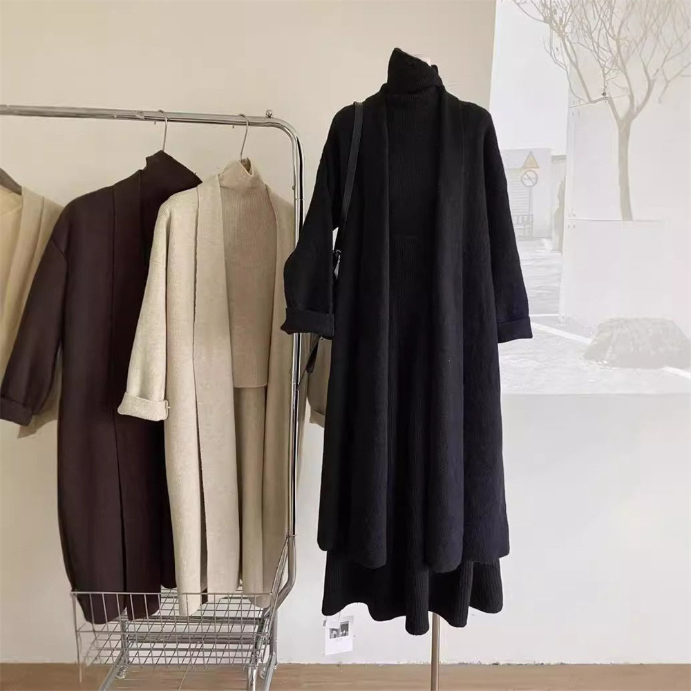 Ensemble pantalon femme trois pièces : Gilets en maille à col roulé, hauts, manteaux mi-longs à manches longues, jupes longues taille élastique, style streetwear Y2K