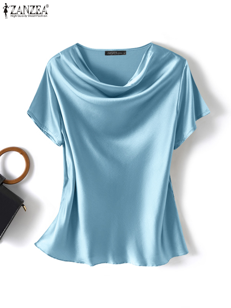 Femmes Blouses d'été ZANZEA 2024 mode Satin hauts à manches courtes Blusas femme col rond décontracté vêtements de maison tunique Chemise surdimensionnée