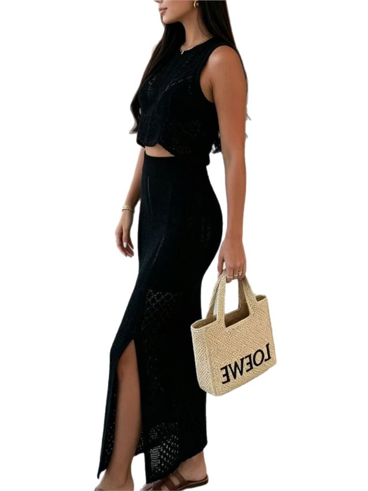 Ensemble 2 pièces de maillot de bain pour femme : haut court et jupe midi, style mode uni ajouré sexy, tenue de plage