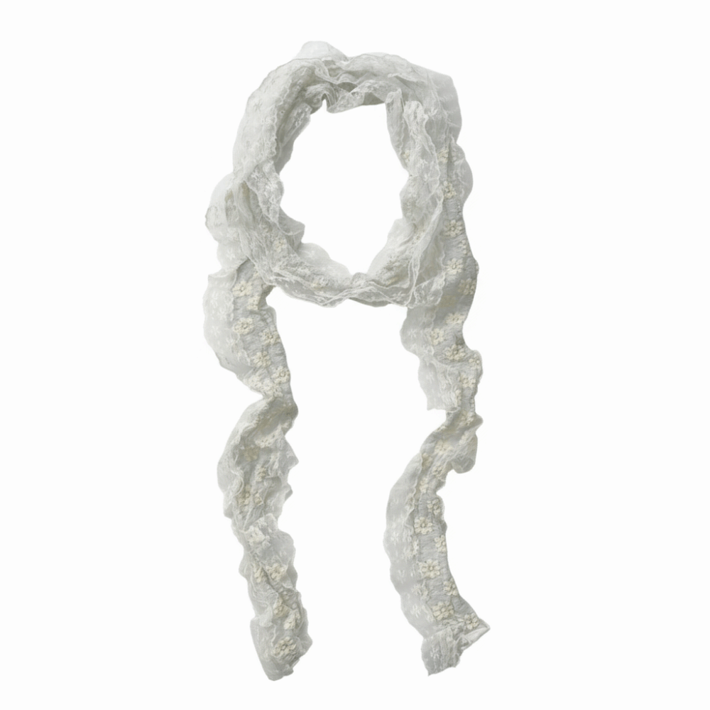 Écharpe de cou tendance en dentelle florale, bordure en dentelle, blanc beige, châle photo-prêt, long, fin, polyvalent, bandeau, accessoires photo