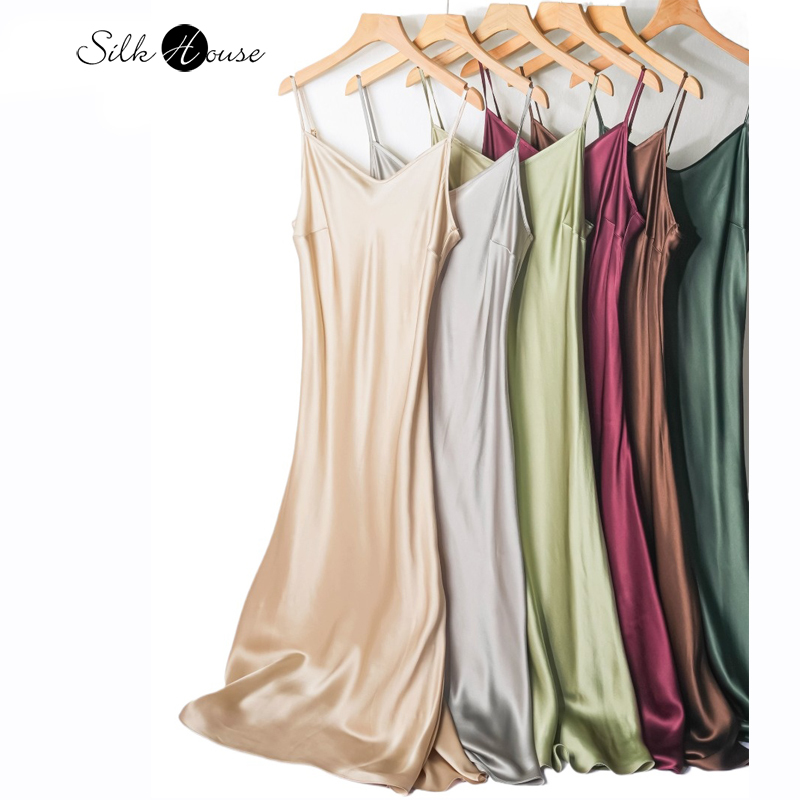 Petite robe à bretelles en Satin de mûrier 100% naturel, lourd, 21MM, col en v français, coupe diagonale, Sexy, couleur unie, pour femmes