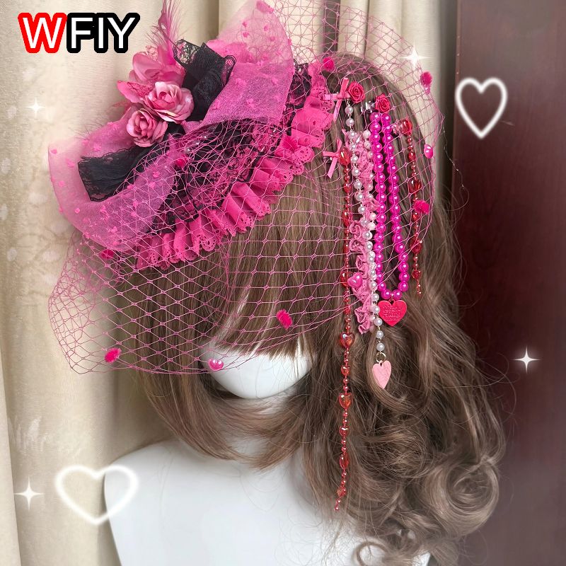 Mini-chapeau fascinateur pour femme, style japonais Gyaru Shibuya Lolita, avec voile, dentelle florale et nœud, coiffe de mariée personnalisée, pince à cheveux pour séance photo