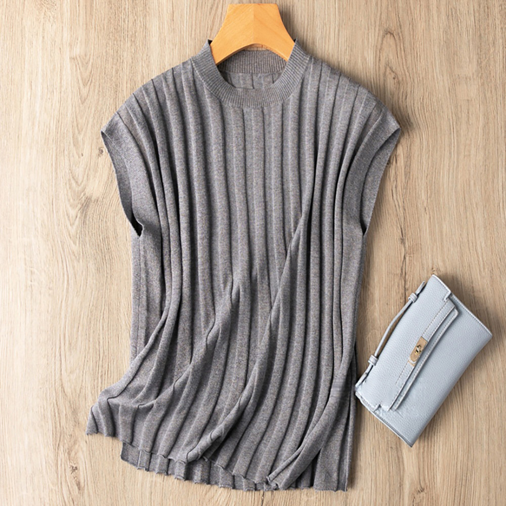 Gilet sans manches pour femme, pull en tricot, débardeur côtelé, extensible, col rond, mélange de soie de mûrier