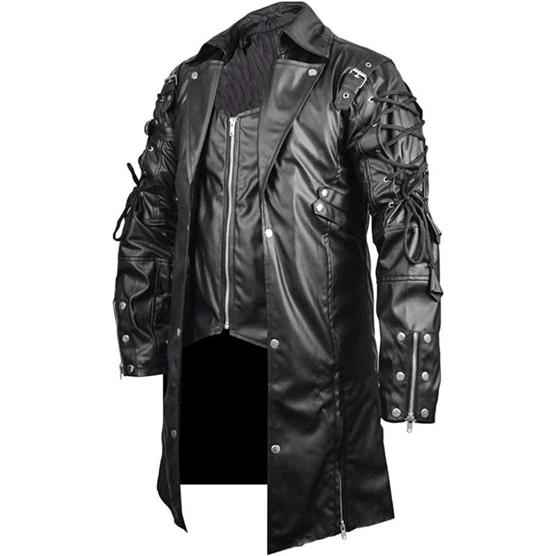 Veste longue en cuir hommes gothique Vintage en cuir PU Trench manteaux mode Moto Biker vêtements d'extérieur hommes Style Punk Moto vestes homme