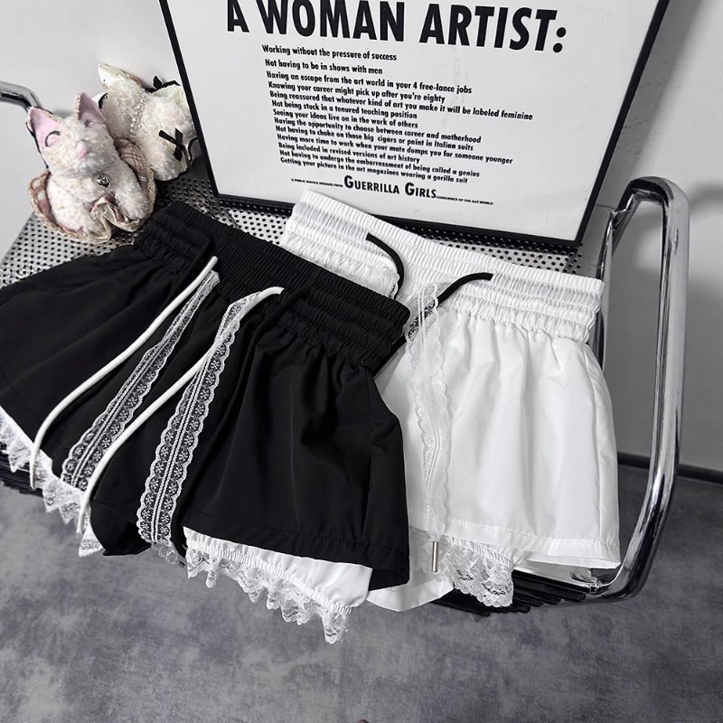 Nouveaux shorts coréens pour femmes, taille haute, décontractés, patchwork, dentelle, jambes larges, bandage chic, pantalons courts d'été pour femme