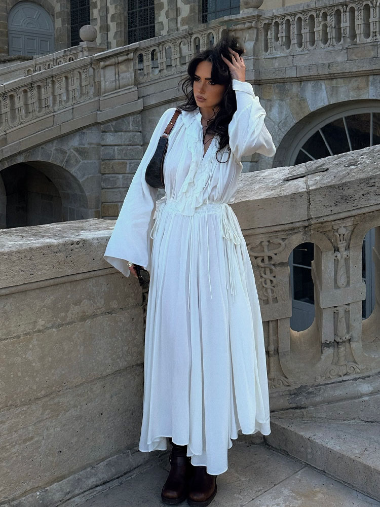 HH – robe longue blanche pour femmes, col en v, manches longues, bord à volants, décoration à lacets, Style plage, été