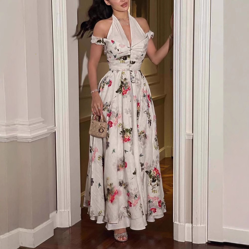 Romantique moyen-orient en mousseline de soie imprimé fleuri tenue décontractée blanc licou une ligne robe de bal pour printemps été de haute qualité