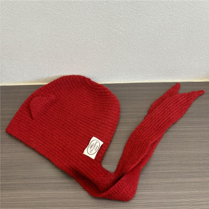 Cagoule tricotée intégrée de style coréen pour femmes, chapeaux d'automne et d'hiver, chaud et polyvalent, rétro, chapeau de bombardier rouge de noël