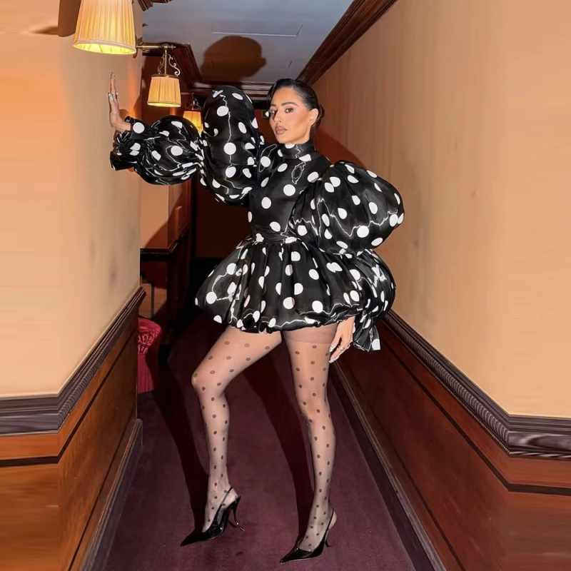 Robe de soirée style ballon à pois, coupe trapèze, manches évasées, robe de bal noire plissée, sur mesure, mini-robe de cocktail courte et tendance