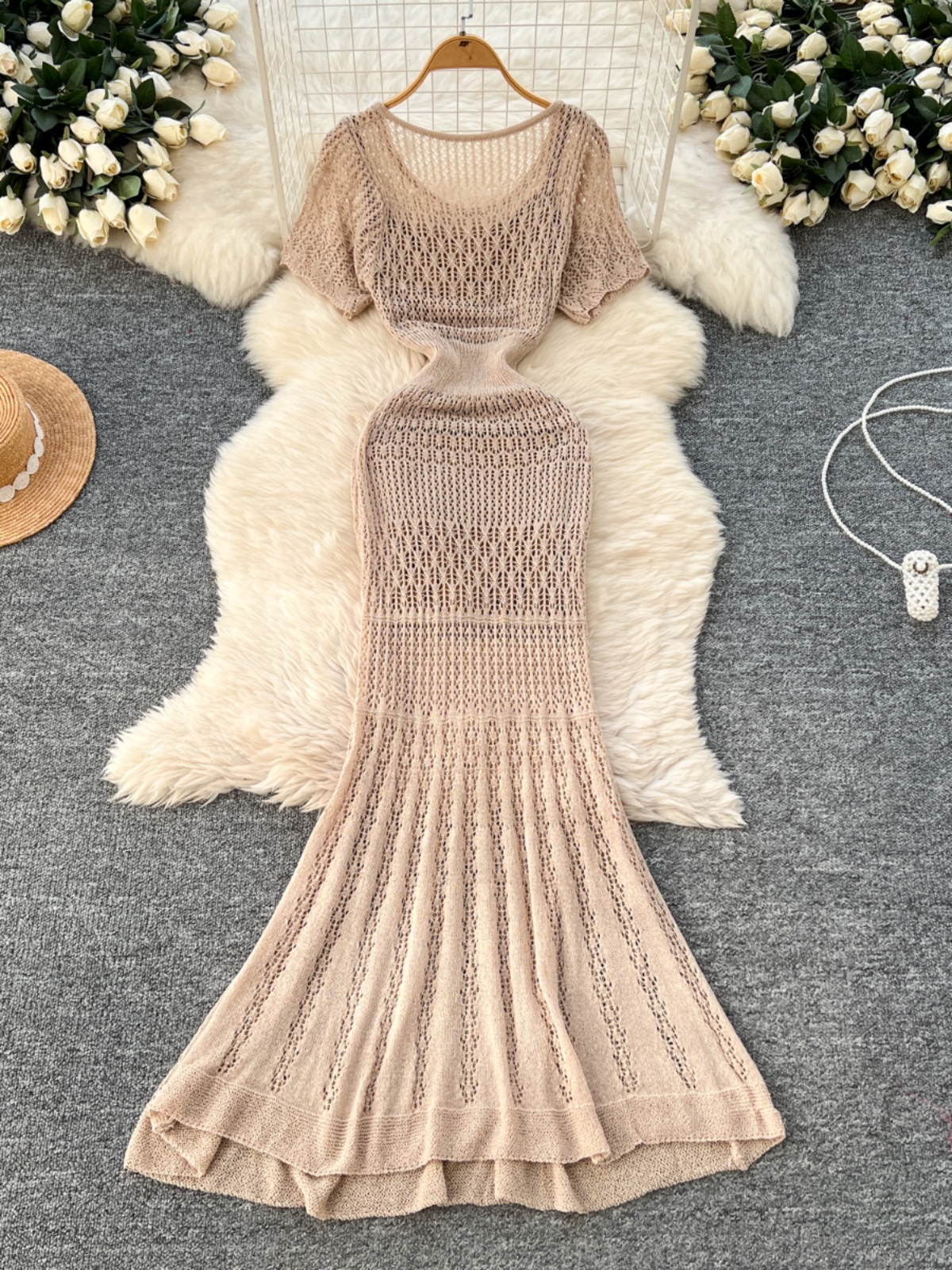 Robe tricotée creuse pour femmes, tenue d'été à manches courtes, queue de poisson, moulante, avec Camisole, Vintage, longue Robe de soirée