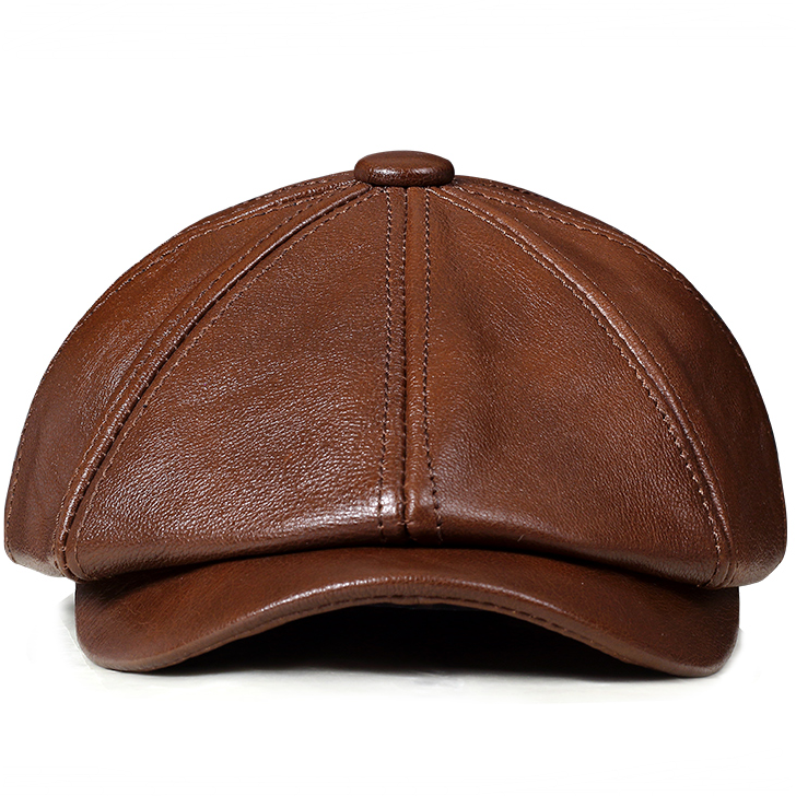 Béret Vintage en cuir véritable unisexe, Casquette octogonale chaude d'hiver pour hommes et femmes, Bonnet pour Homme, noir