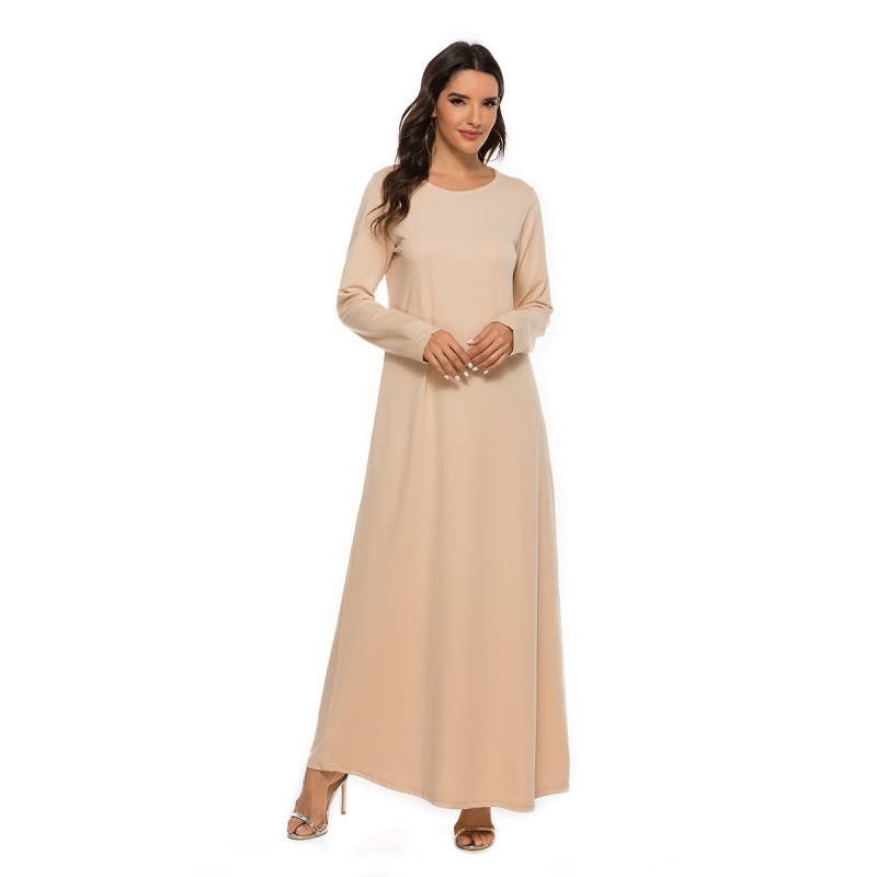 Robe de culte musulmane pour femmes, manches longues, col rond, robe unie du Moyen-Orient, robe de document basique