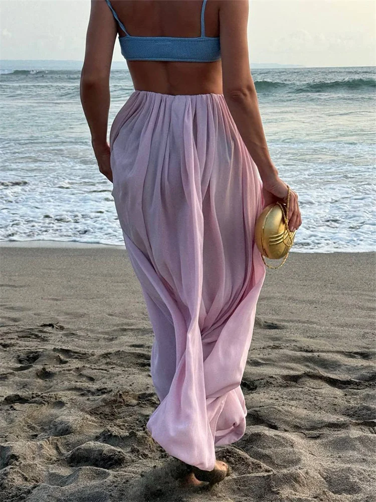 Jupe longue décontractée pour les vacances à la plage, jupe maxi d'été pour femmes, en maille plissée, taille haute, unie, élégante, patchwork, vêtements féminins
