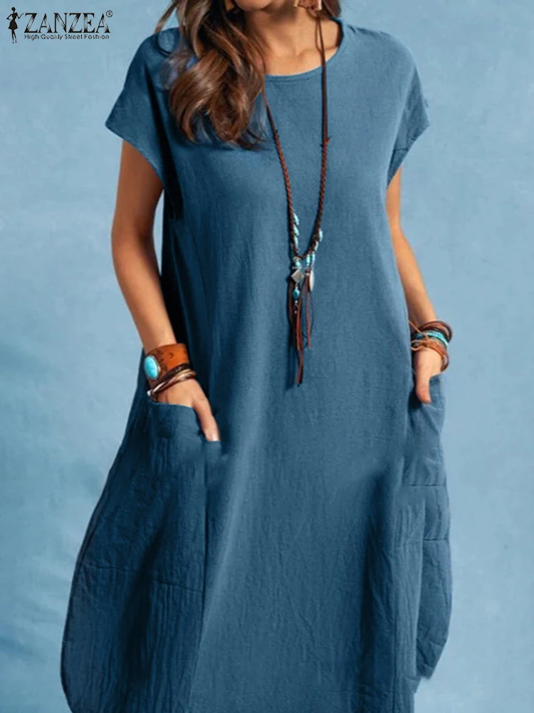 2025 ZANZEA mode été Robe d'été femmes solide Robe ample à manches courtes caftan genou longueur Robe décontracté coton travail robes