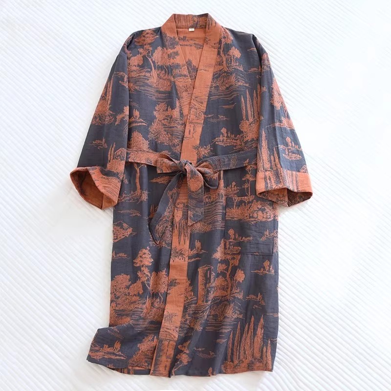 Chemise de nuit Yukata en gaze double couche de coton tissé coloré style national pour homme, idéale printemps-été, confortable F6670