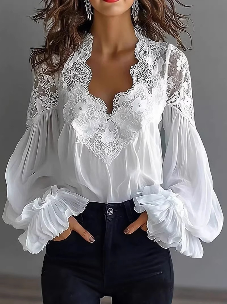 Chemise élégante pour femme, noire et blanche, sexy, col en V, dentelle, manches lanternes, chemise unie, chemise de bureau chic pour femme