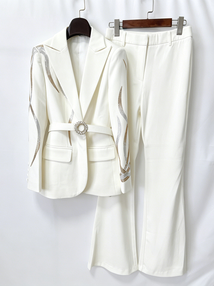 Blazer et pantalon évasé avec ceinture pour femme, ensemble de piste de créateur, diamants colorés trempés, nouvelle mode ET, remise des diplômes élevée, 2 pièces, 2025