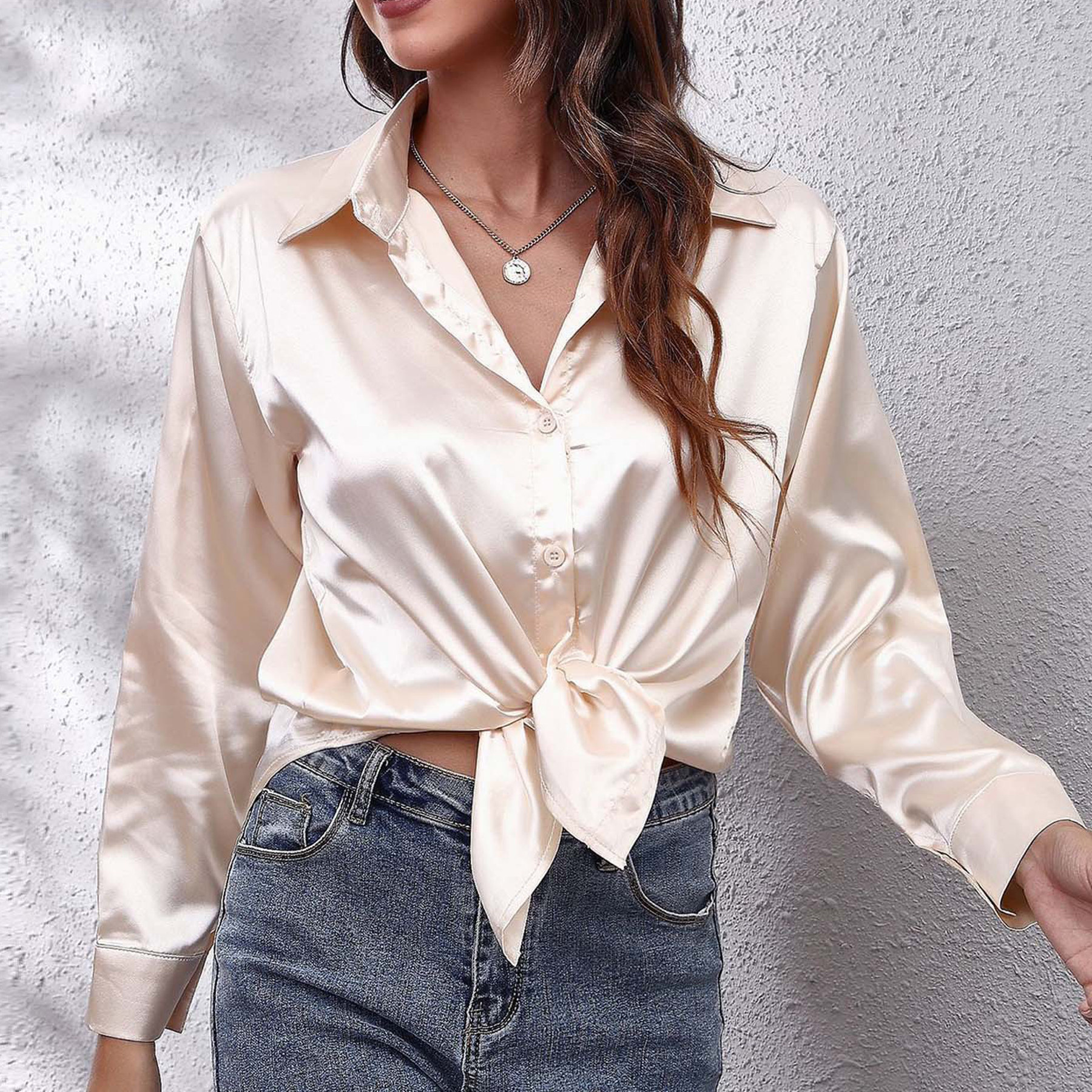 Chemise élégante en satin de soie pour femme, chemisier ample à manches longues boutonné, hauts de bureau pour femmes, Camisa De Mujer