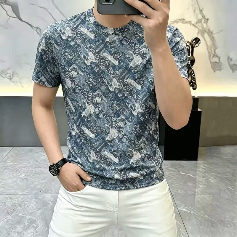 T-shirt d'été en soie glacée à manches courtes pour homme, imprimé, col rond, décontracté, pour la plage et les vacances, vêtements pour homme
