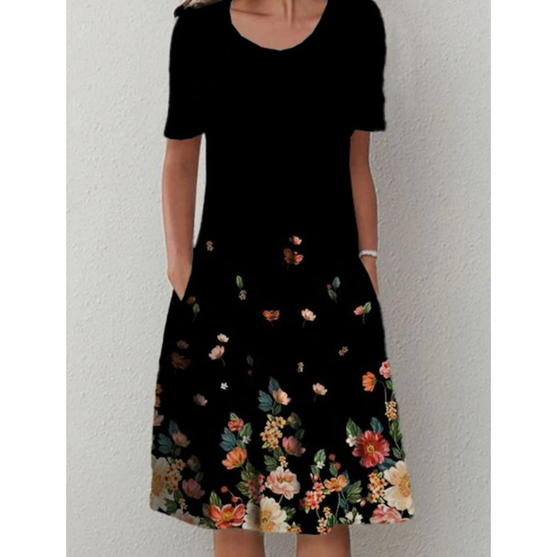 Robes pour femmes 2026 Printemps-Été, imprimé floral, manches courtes, col rond, poches, longueur genou, pour vêtements féminins