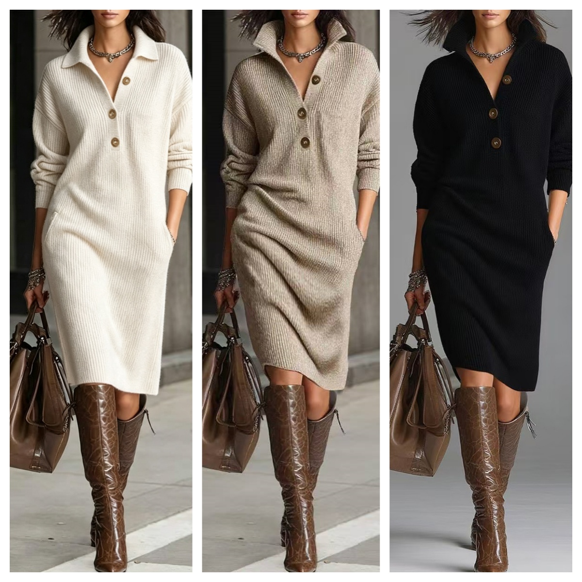 Robe pull tricotée pour femme, mode hiver, décontractée, à col boutonné, coupe ample, avec poches, style décontracté, longue, à manches longues, au-dessus du genou