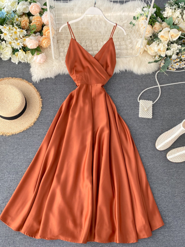 Robe longue de plage en satin pour femme, élégante, dos nu, bandage, robes de soirée sexy, vintage, bretelles spaghetti, robe longue éducative, été