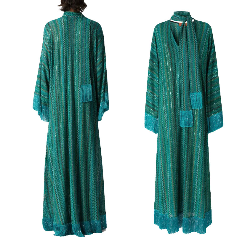 Robe longue tricotée à franges pour femmes, élégante, ample, col en v, manches longues, écharpe, Robes d'été, plage, vacances, nouvelle collection 2025