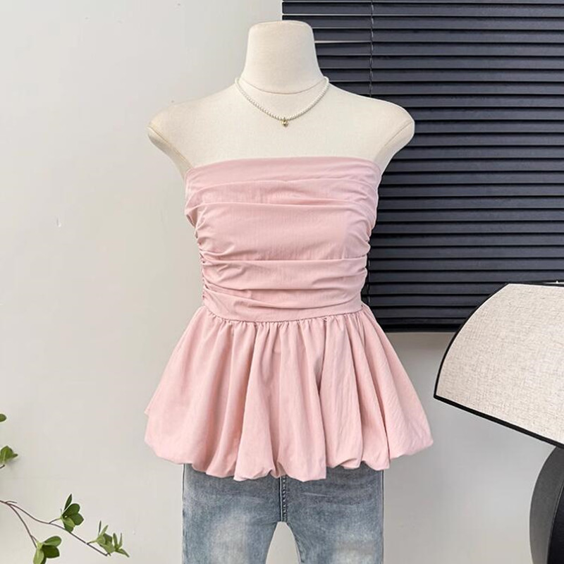 Femmes Camisole sans manches blanc noir gilet débardeurs volants dos nu culture hauts mince Sexy plissé épaules nues vêtements d'été