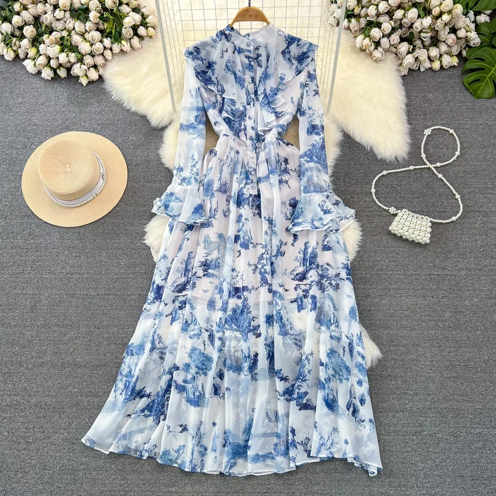 Robes longues en mousseline de soie pour femmes, style cour, imprimé floral, manches évasées, col montant, élégante, éducative, maxi, livraison directe