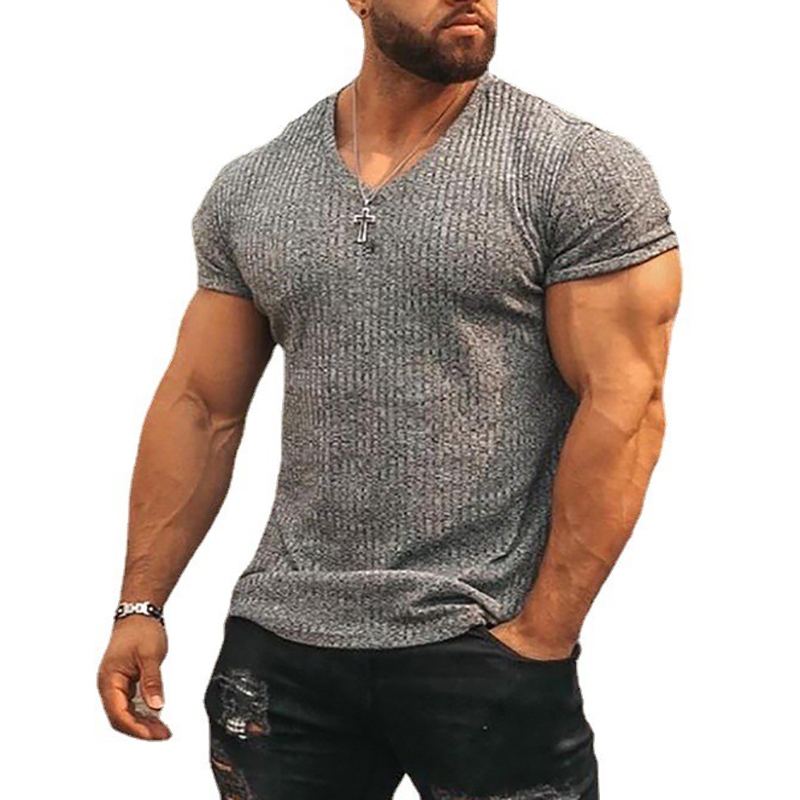 Hommes col en V à manches courtes T-shirt Fitness coupe ajustée sport T-shirt solide mode bandes t-shirts hauts été tricoté vêtements de sport