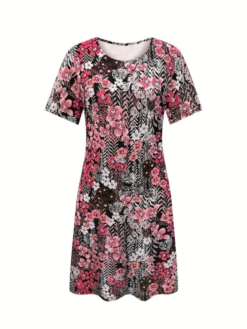 Robe florale tendance à col rond et manches courtes, coupe ample, pour femme