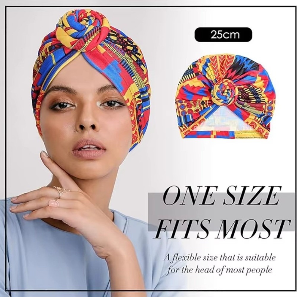 Bonnet Hijab Plissé à Nœud Torsadé Style Turban Imprimé Africain Tendance, Chapeau Élastique Noué, Foulard Floral Polyvalent Décoratif