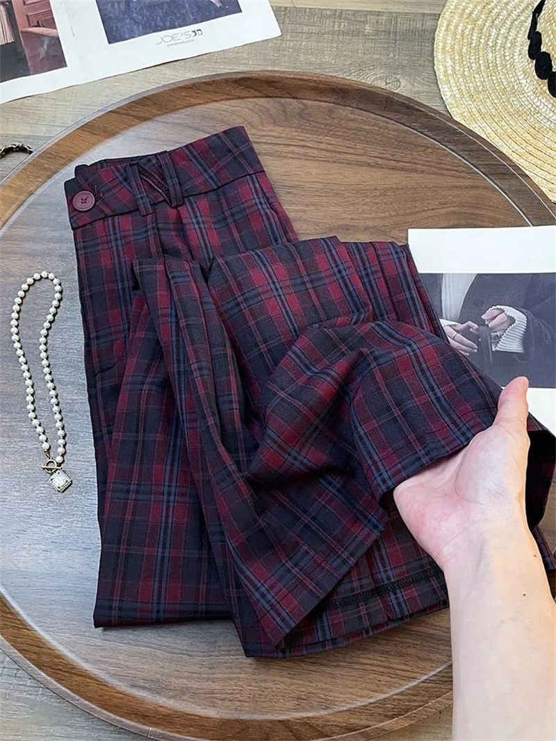 Pantalon long décontracté élégant pour femme, coupe droite ample et fine, à carreaux, taille élastique, style coréen DCABT, printemps-automne, pour le travail 363A
