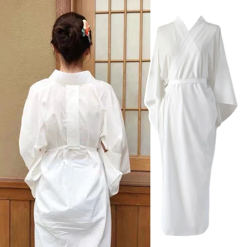 Kimono japonais traditionnel blanc, Robe avec ceinture Obi, manches longues, doublé Yukata, pour Spa, vacances, vêtements de nuit, Relaxation à domicile