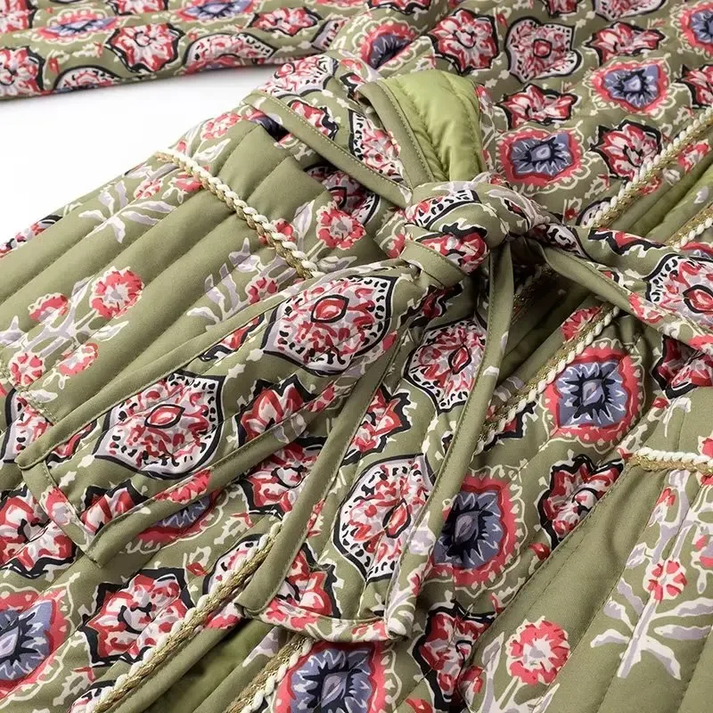 Cardigan matelassé imprimé pour femme avec poche, veste à lacets, coton chaud, hiver, optique, 2024