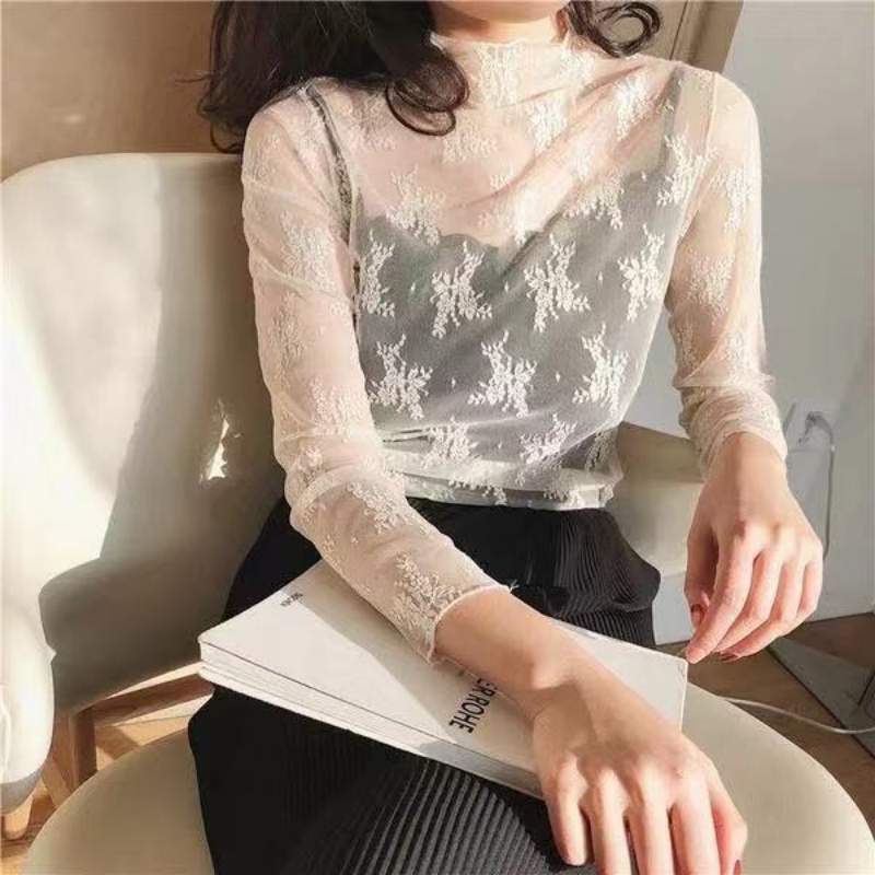 Chemisier à fond en dentelle à col mi-haut pour femme, t-shirt à manches longues, haut court en maille creuse, style occidental sexy, printemps et automne