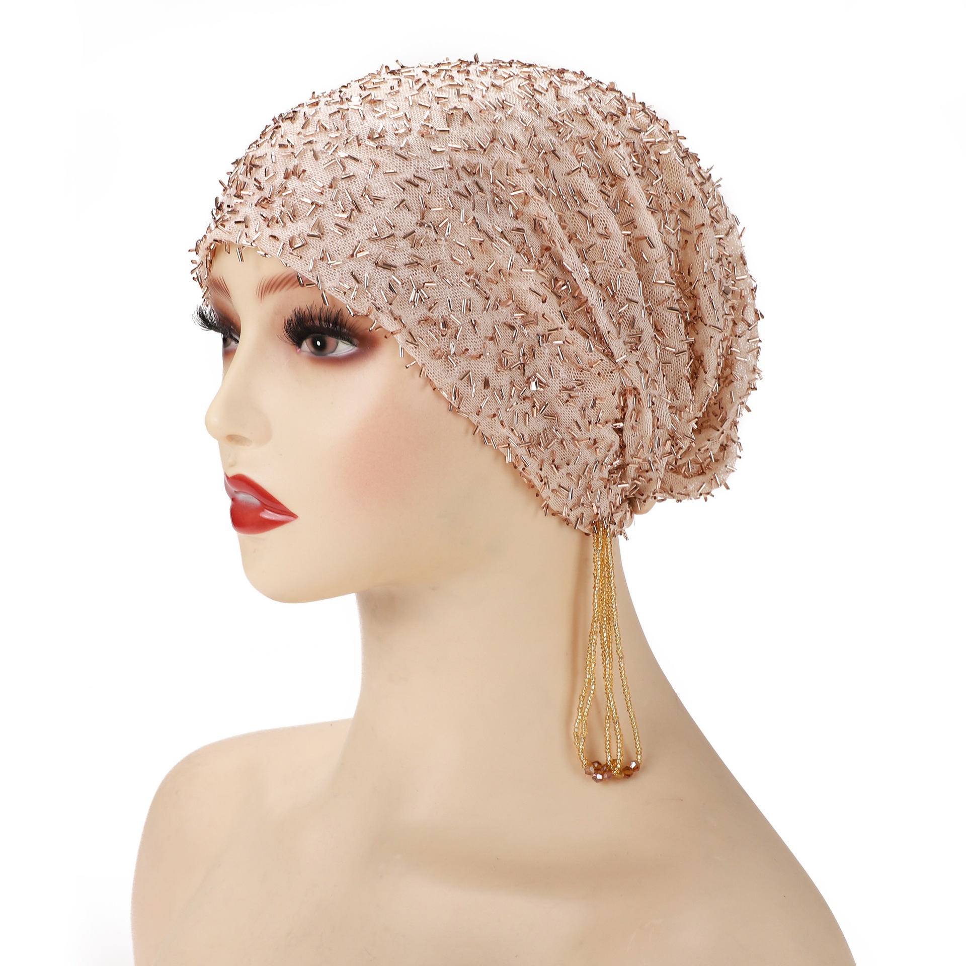Bonnet de prière musulman à pampilles et perles, en maille élastique, scintillant, pour femmes islamiques, bonnet chimio, couvre-chef.