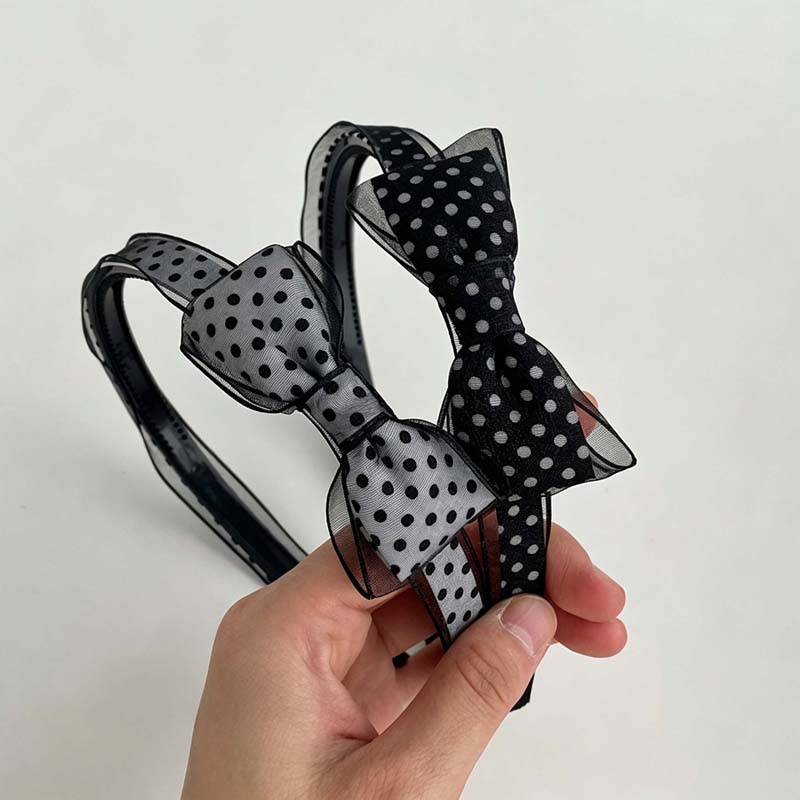 1PC Bandeau Vintage à Pois en Organza avec Nœud, Élégant, en Maille Transparente, Doux, Polyvalent, Accessoire Cheveux Quotidien pour Femme