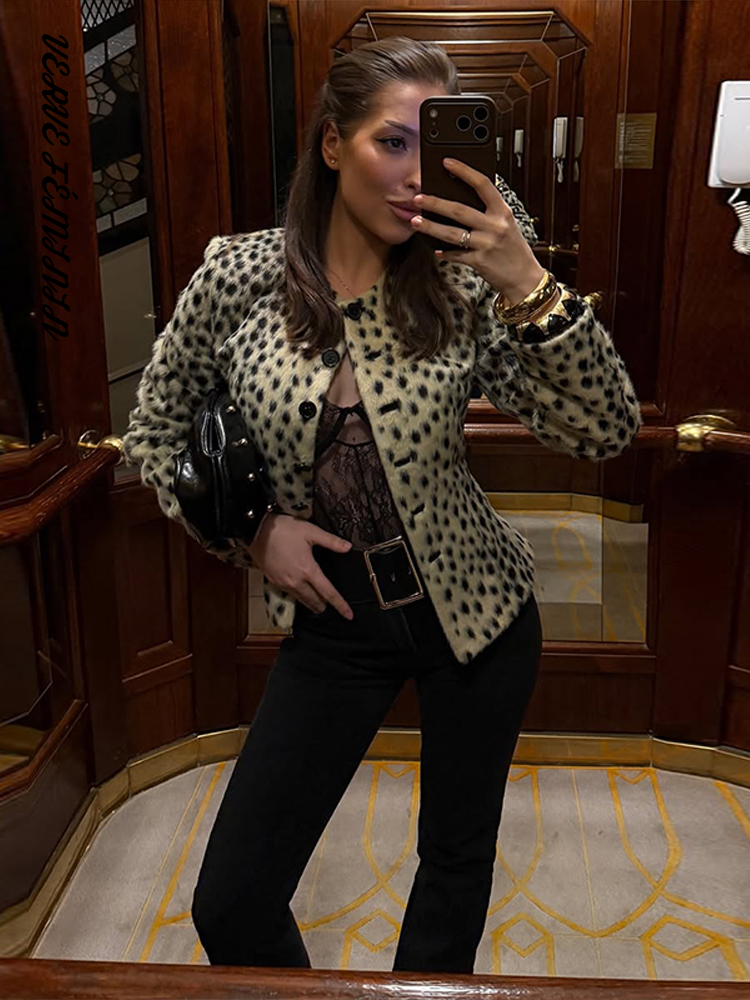 Veste bombardier léopard à manches longues pour femme, manteaux courts, col rond, manches évasées, manteau ample, mode dame, vêtements d'extérieur, automne 2025