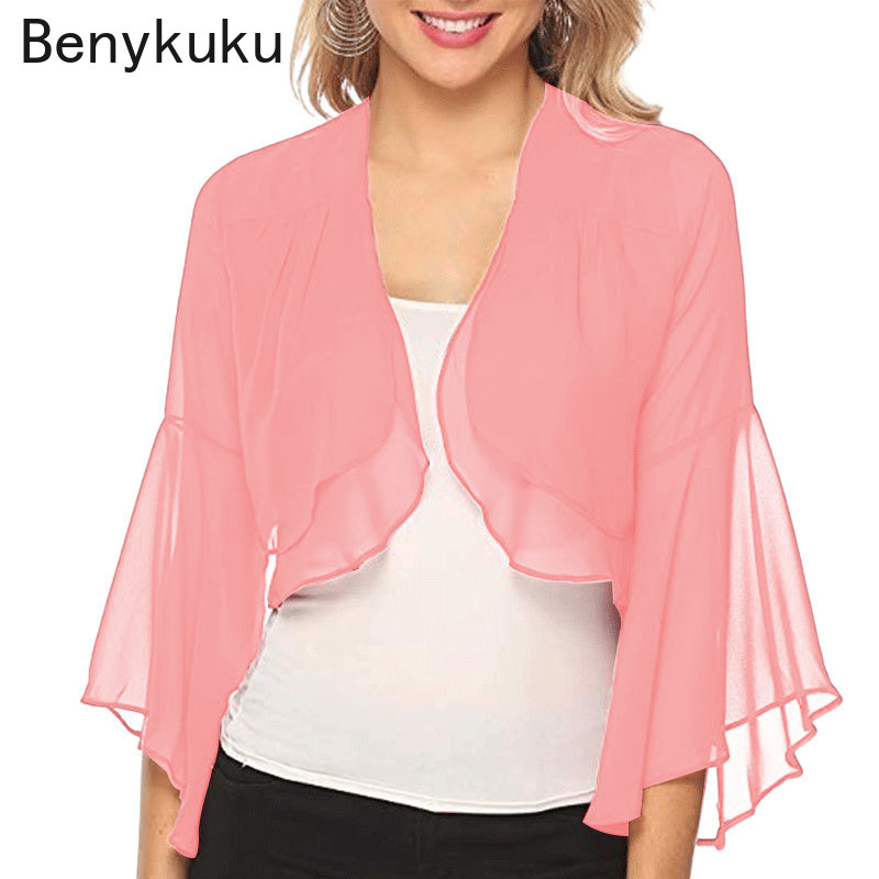 Cardigan en mousseline de soie pour femmes, veste de fête de mariage, robe de patients, couvertures, enveloppes, haut court, volants, manches évasées, châle, été