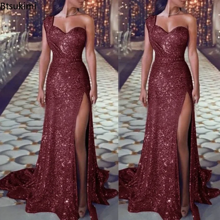 Robe de soirée de mariage pour femmes, élégante, Sexy, décolleté en V profond, asymétrique épaule dénudée, sans manches, paillettes, longue, Maxi, 2026