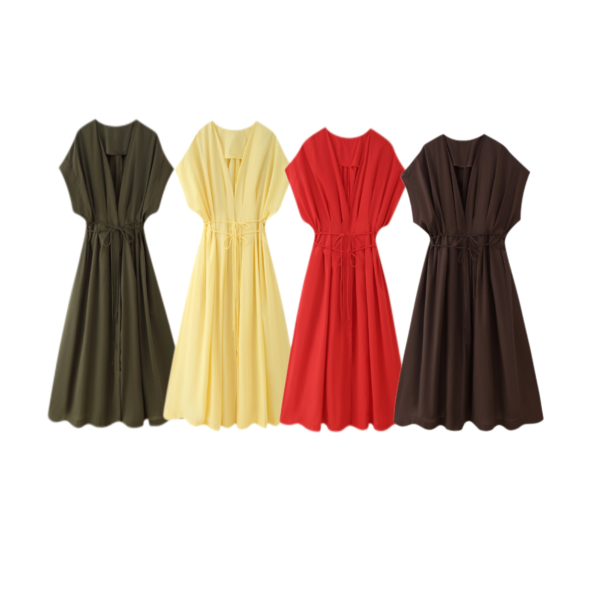 Robe Vintage Femme KONDALA Printemps-Été 2026 – Chic, Marron, Col V, Sans Manches, Drapée, Boutonnage Simple avec Ceinture