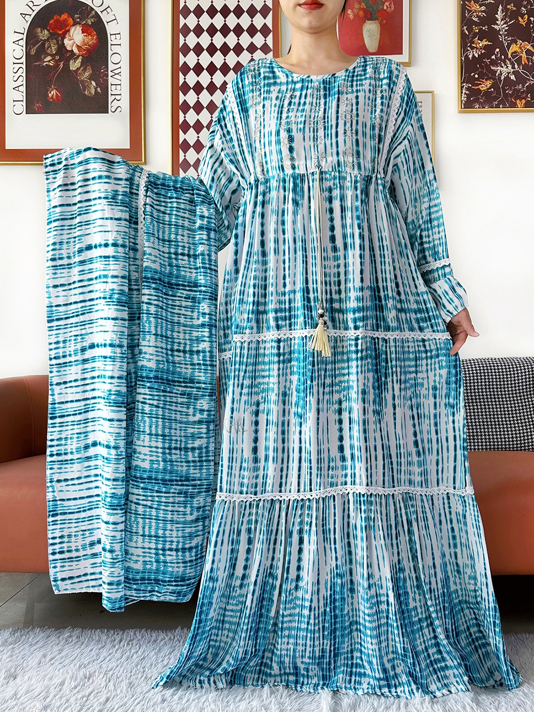 Nouvelle Robe Kashkha Dubaï pour Femme 2026, Robe Abaya Dubaï en Coton Tie-Dye, Manches Longues, Ample, Style Bohème, Maxi, Décontractée, Mode Africaine