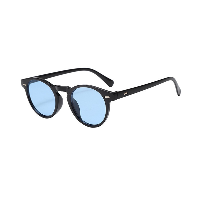 1 paire de lunettes rondes rétro unisexes, monture noire avec verres bleus. Cadre robuste, accessoire de mode décoratif décontracté.