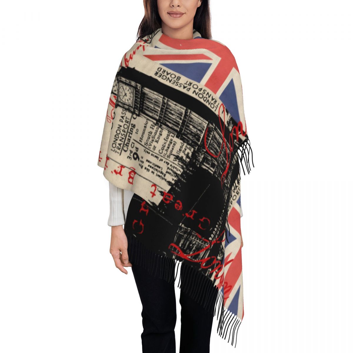 Écharpe à pampilles rétro vintage personnalisée pour femmes, châles chauds, enveloppements féminins, britannique, britannique, Londres, hiver, automne